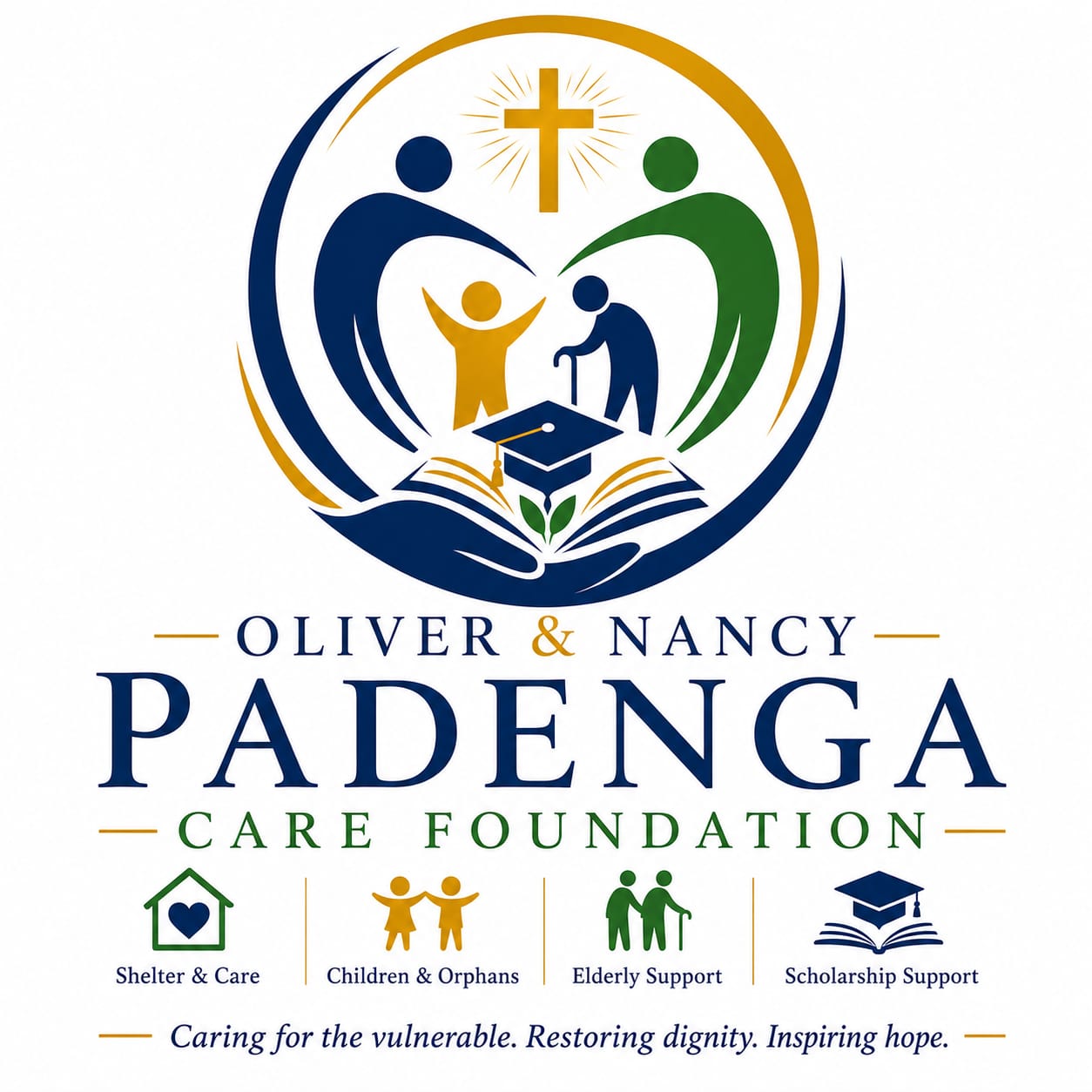 Oliver and Nancy Padenga Care Foundation full logo, including the Foundation emblem and its four charitable priorities